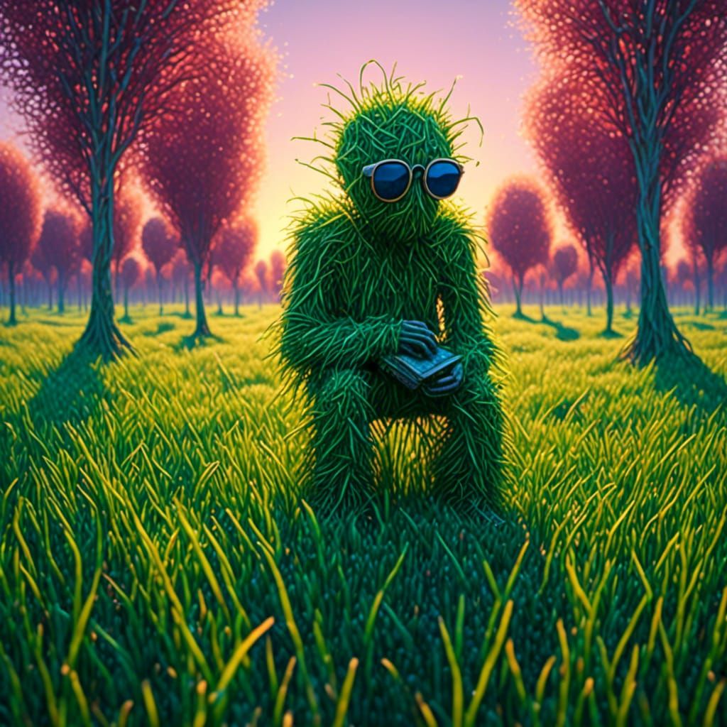 <lora:Grass:1.0> lonely grass man, wearing shades, sunset reflections , 64MP Professional DSLR, fantastic global illumination, backlit, stud...