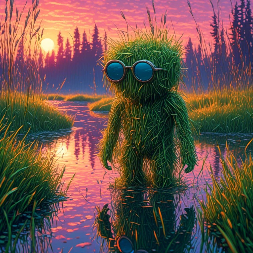 <lora:Grass:1.0> lonely grass man, wearing shades, sunset reflections , 64MP Professional DSLR, fantastic global illumination, backlit, stud...