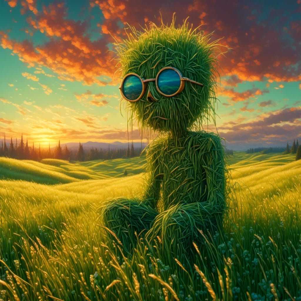 <lora:Grass:1.0> lonely grass man, wearing shades, sunset reflections , 64MP Professional DSLR, fantastic global illumination, backlit, stud...