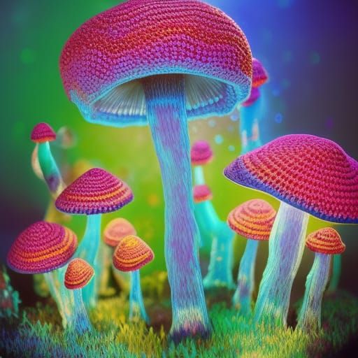 mushrooms made of yarns crochet AI Generated Artwork NightCafe Creator