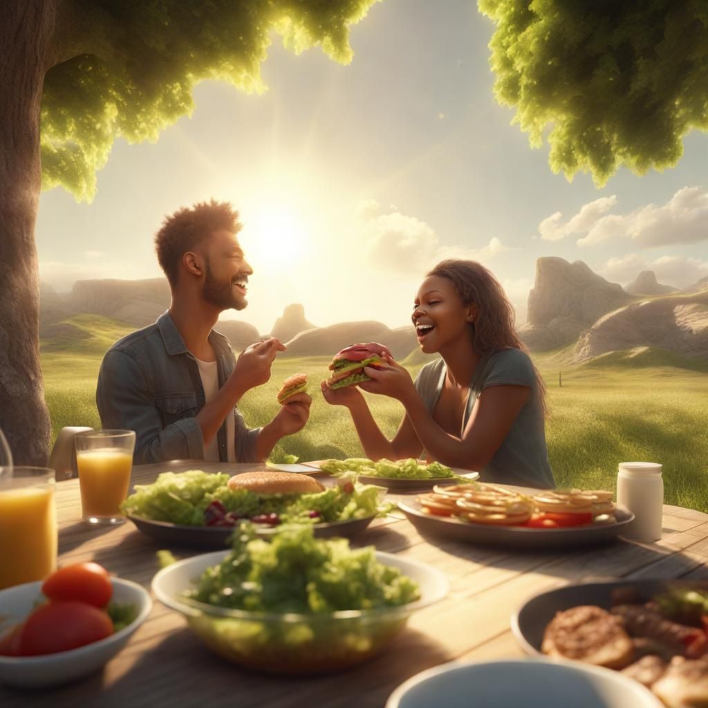 man eating a salad next to a woman