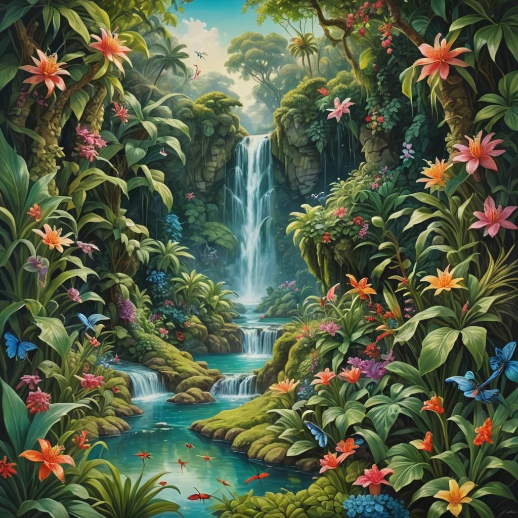 Visual paradox. Sight sense stimulating. Outdoors. Lush green life. Paradise. Fresh live sustaining water available. 