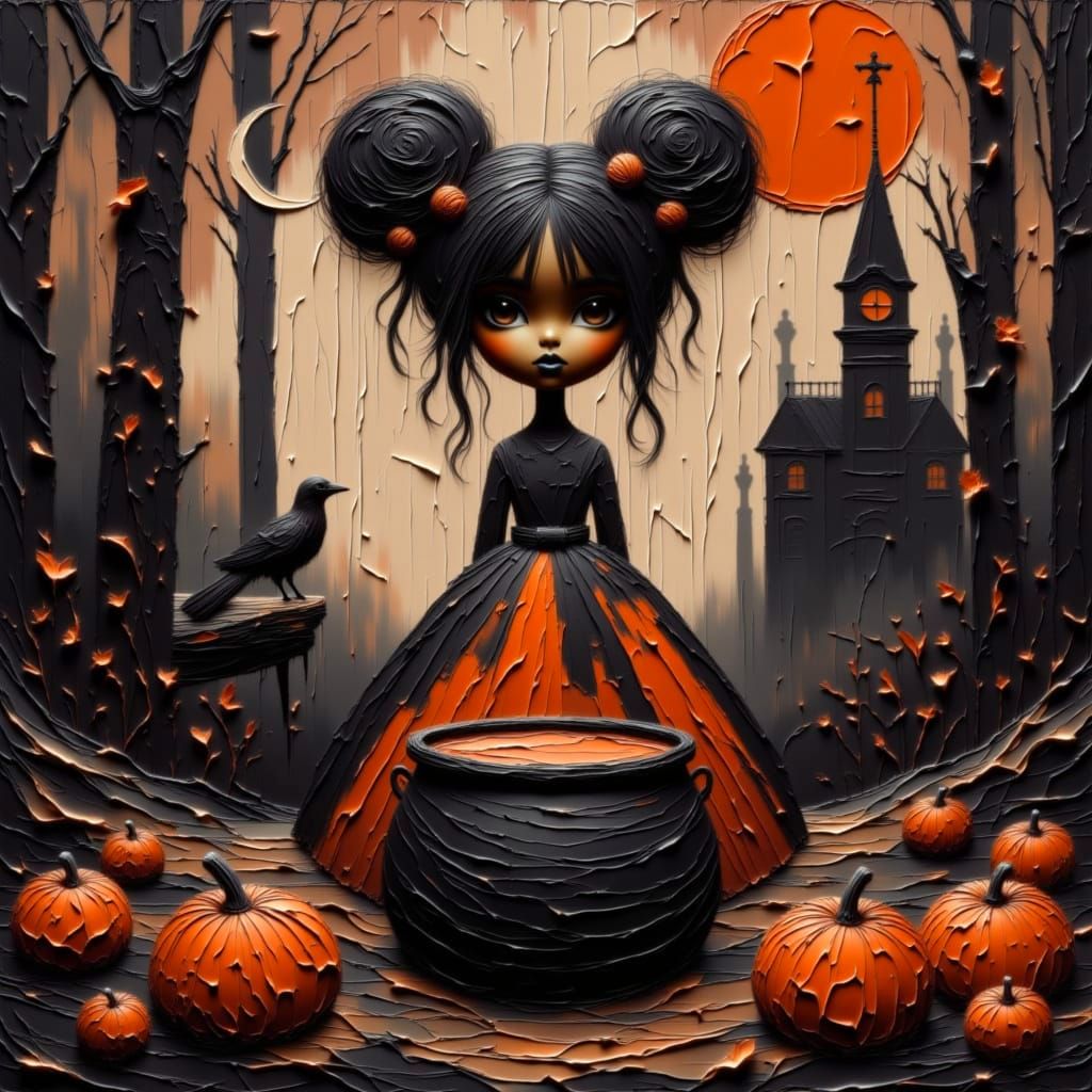 <lora:Moonchild Halloween:1.0> <lora:Moonchild:1.0> Casting spells over a huge cauldron in the forest, Moonchild Halloween, brownskinned got...