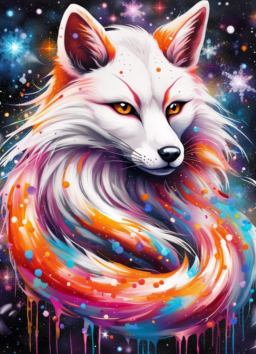 A kitsune with a mysterious aura, standing in a field of stars ...