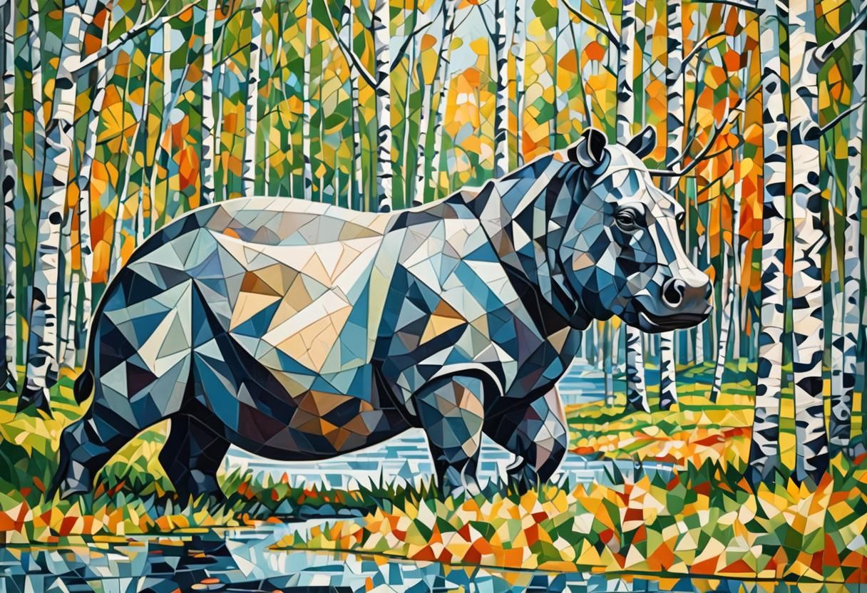 Hippopotamus on the background of white birches