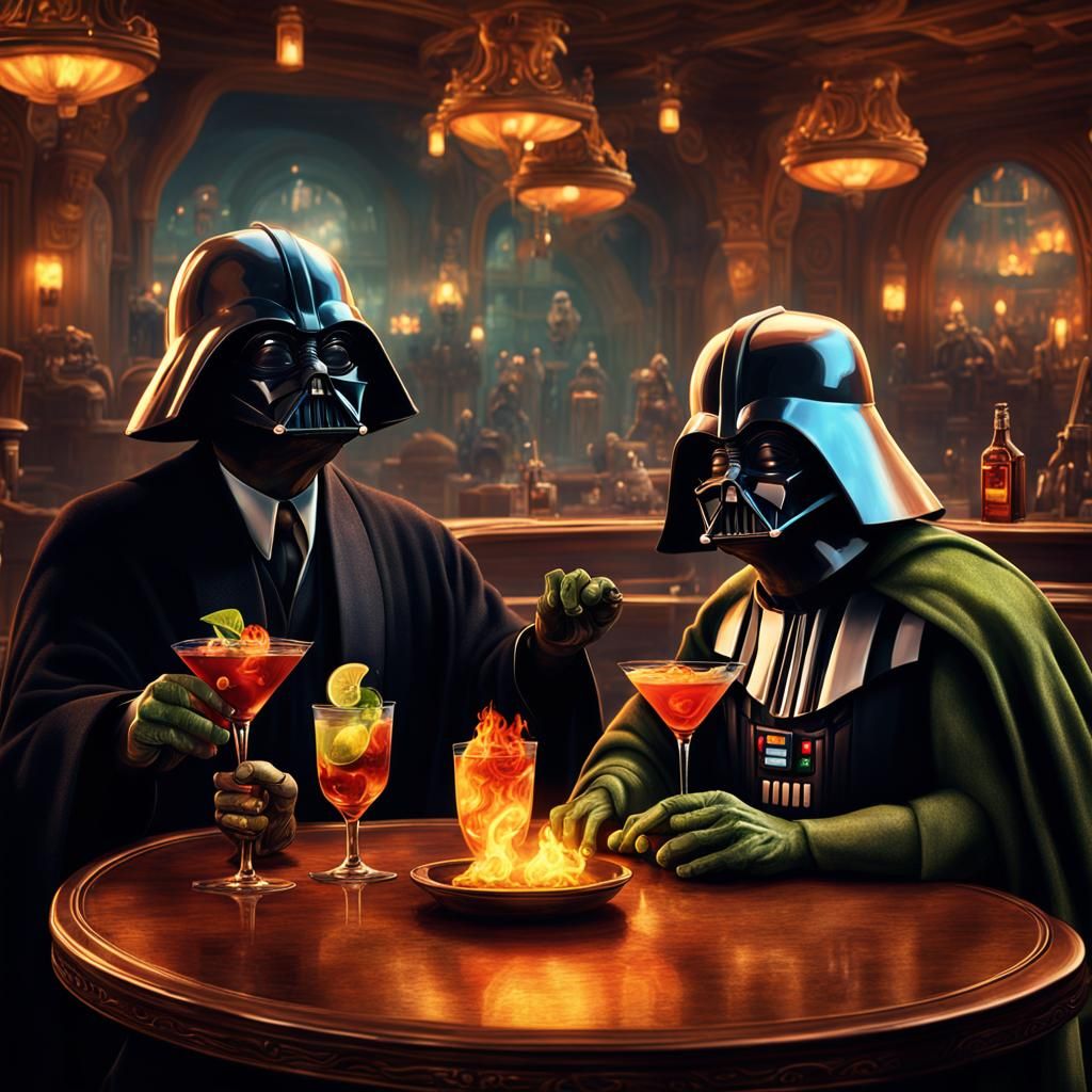 Yoda and Darth Vader at a saloon drinking martinis with flam...