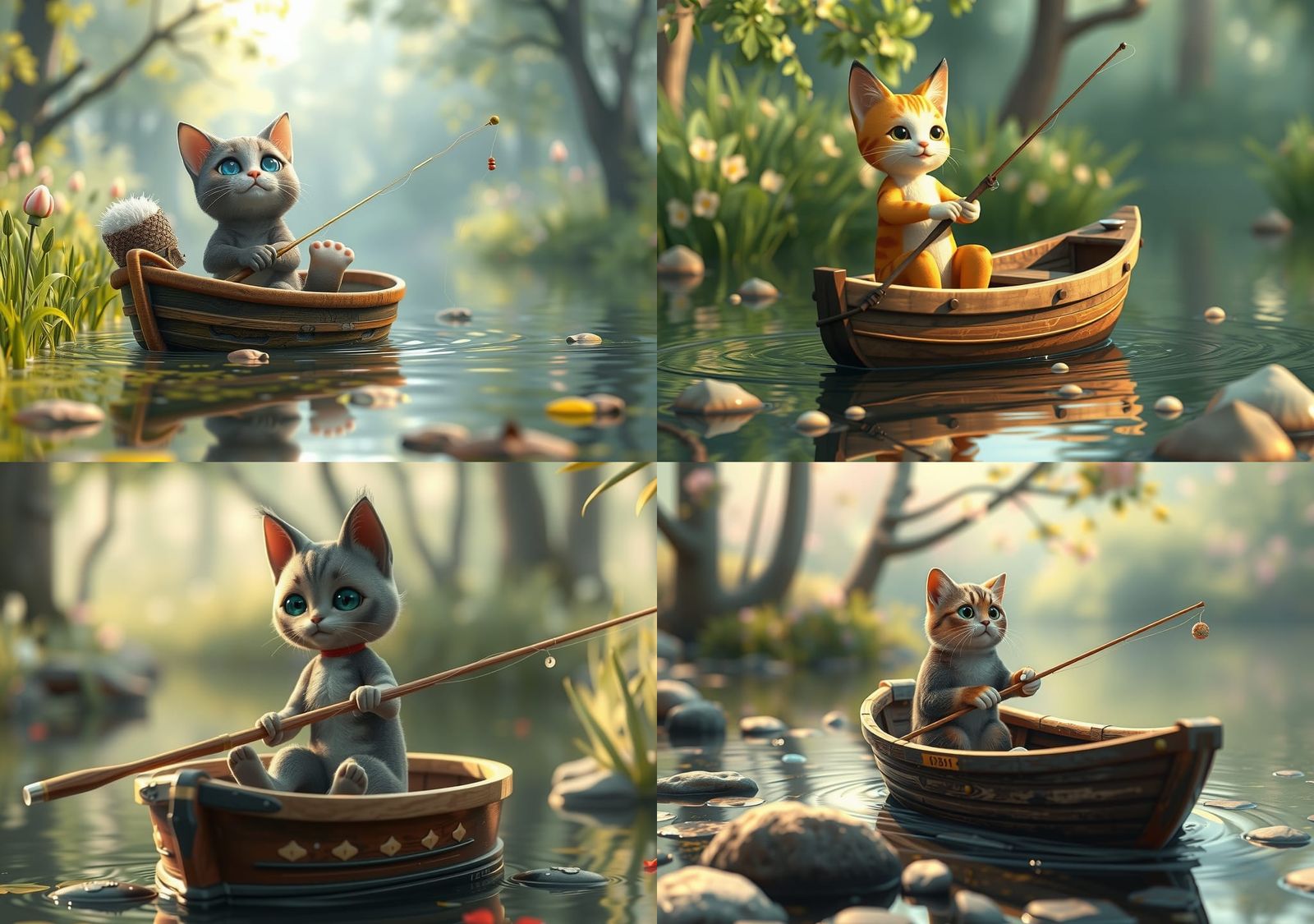 An anthropomorphic cat sitting in a row boat on a stream, fishing. By artist "anime", 3d anime art, inspired by WLOP, Ar...
