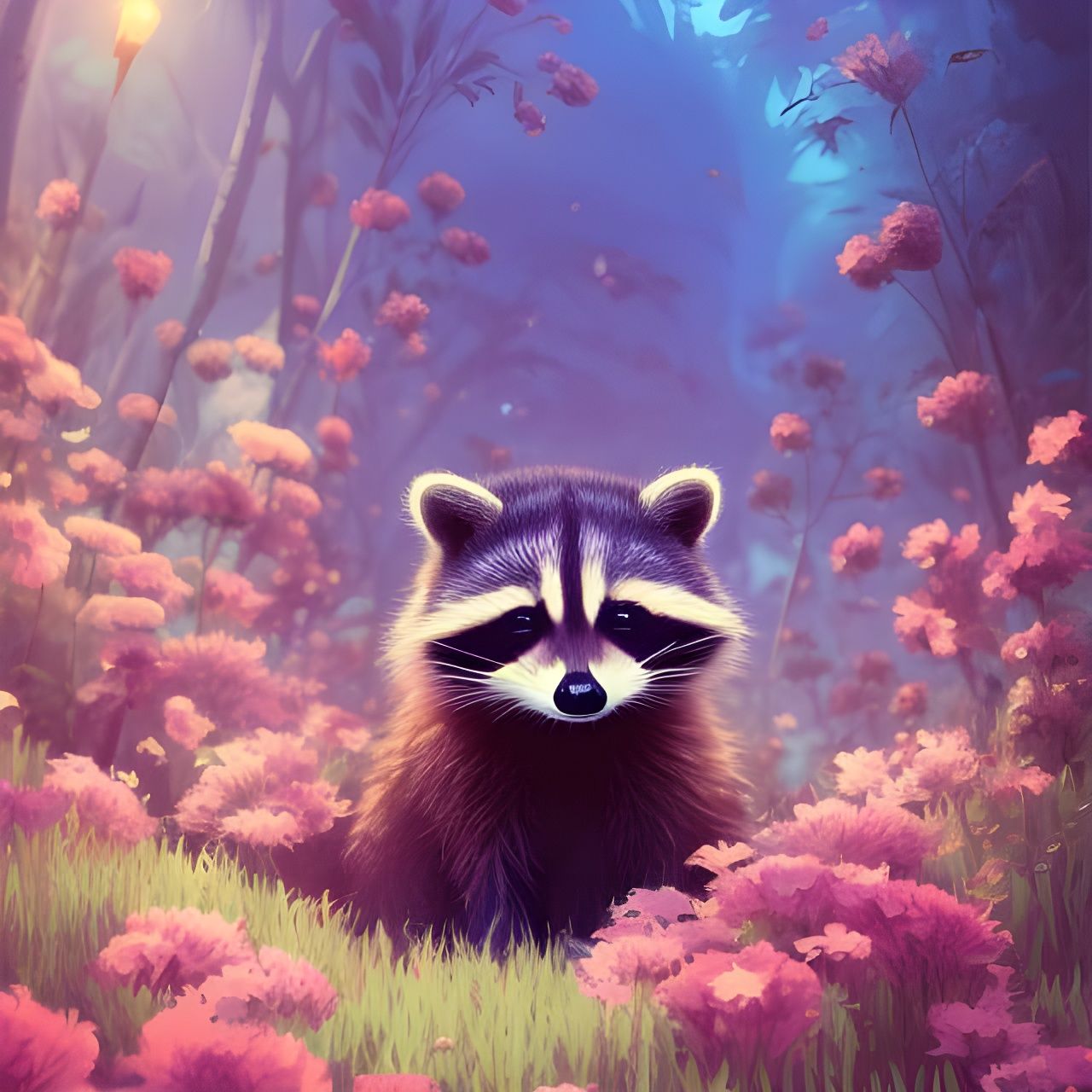 Raccoon likes flowers
