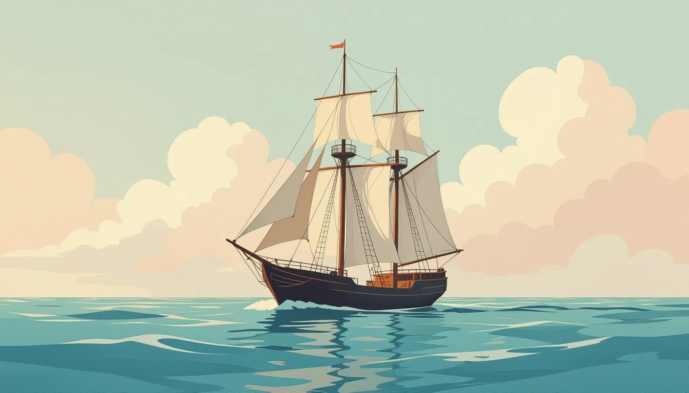 A whimsical, minimalist depiction of a grand sailing ship navigating through a sea of abstract, pastel-colored clouds. The ship is rendered ...