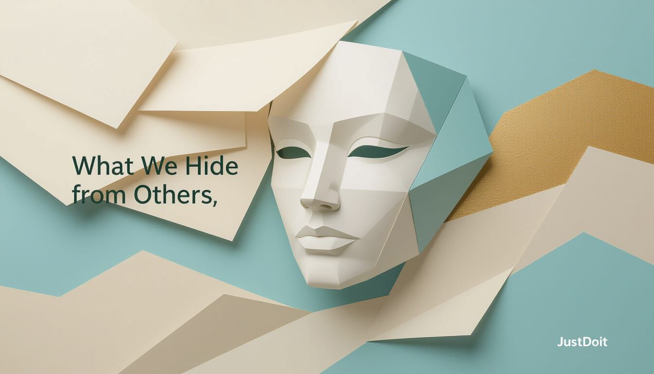 Abstract conceptual background in 16:9 format inspired by the theme “What We Hide from Others”. No human faces. Use abstract mask shapes, la...