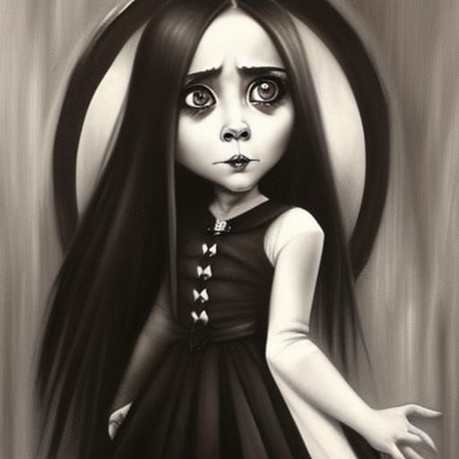 Chibi Gothic Wednesday Addams in Cemetery