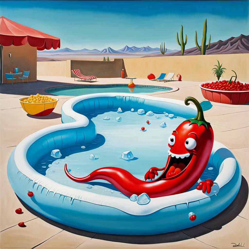 The giant, cartoonish chili pepper character relaxes in a bl...