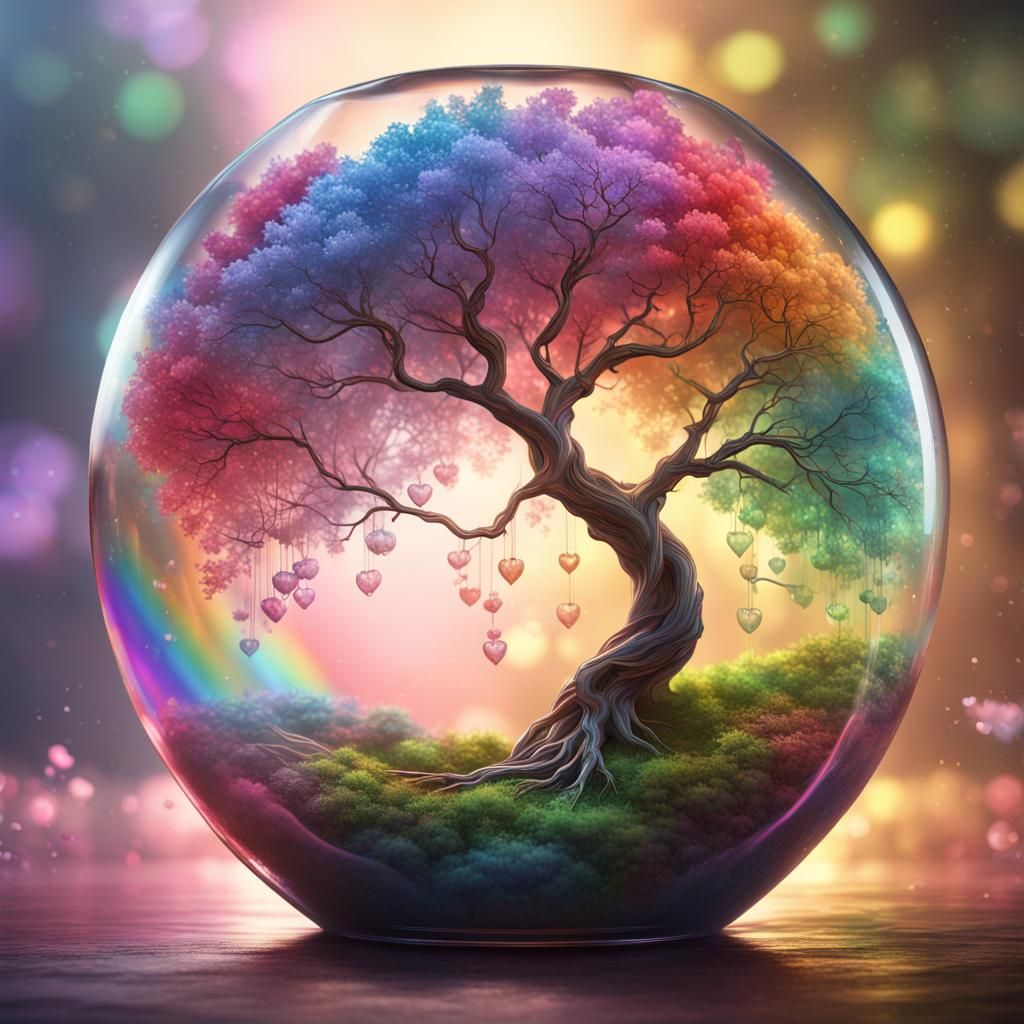 blossom rainbow tree in a  glass heart