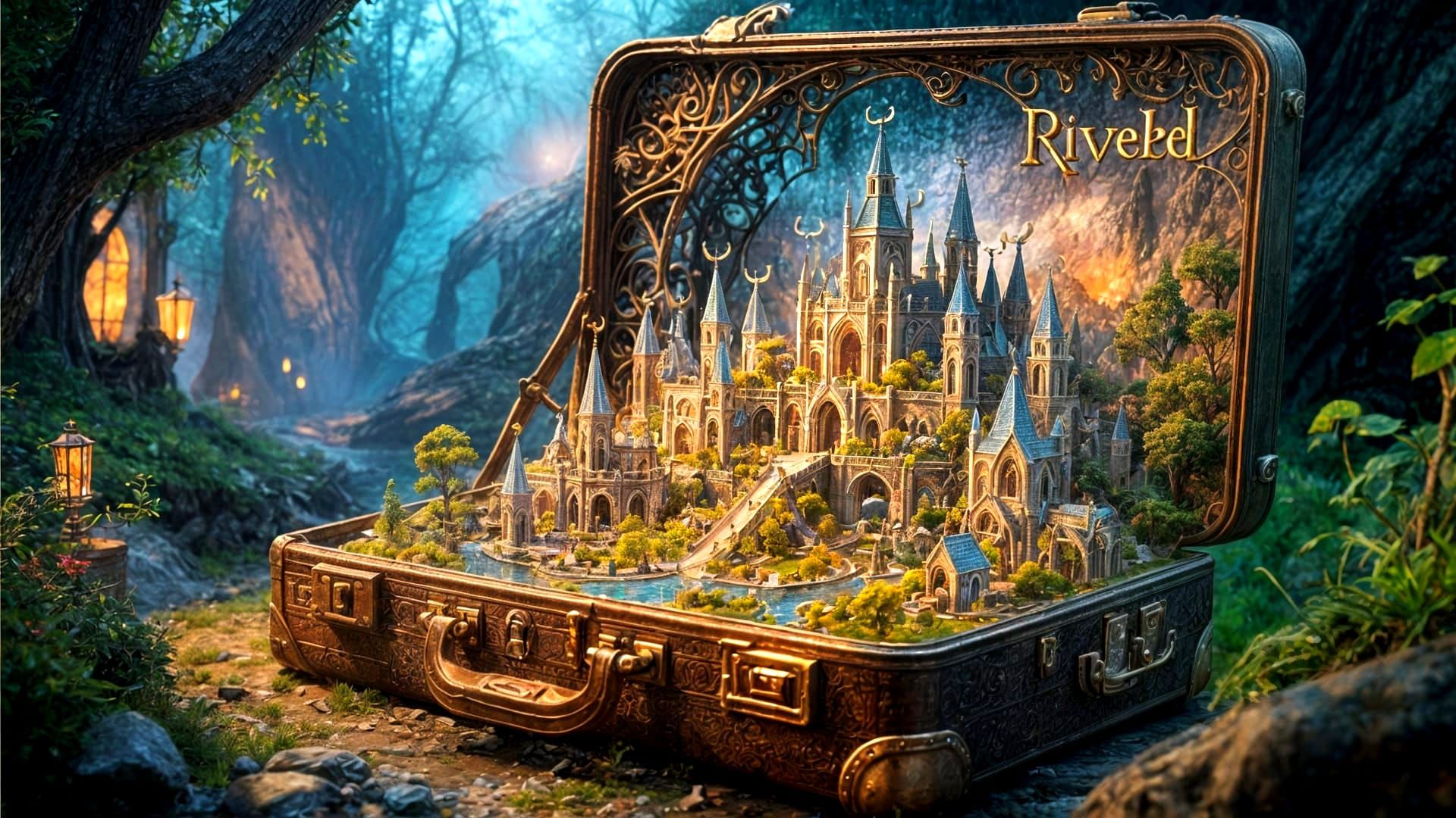 An open suitcase reveals an astonishing miniature world inside, including a wondrous fantasy city called Rivendell, home of the elves. Hyper...