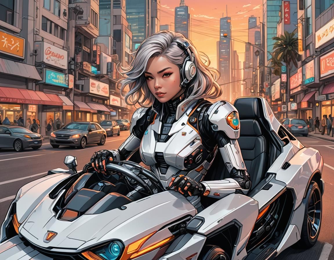 Cyborg driving a futuristic car in the streets