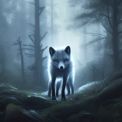 A arctic fox wandering a forest at night