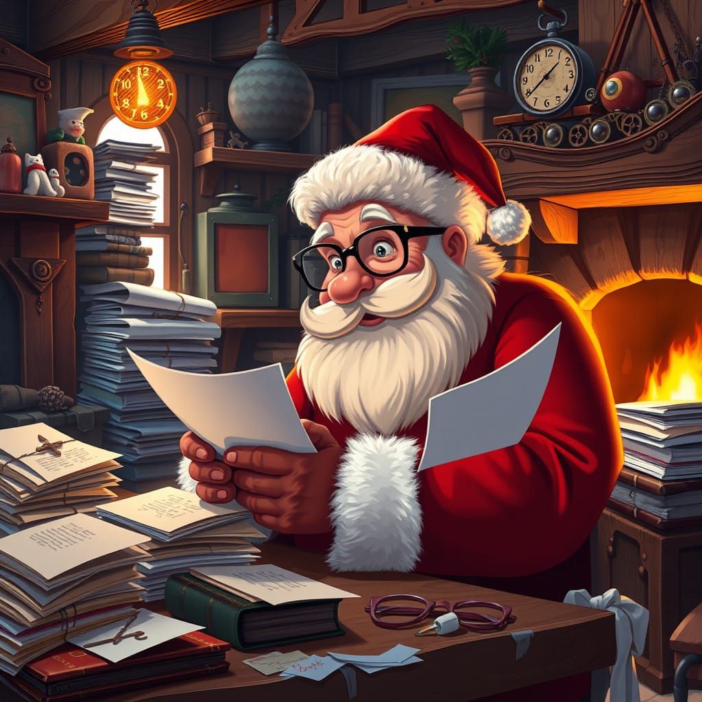 Surreal Santa Claus Surprised in his Cozy Workshop