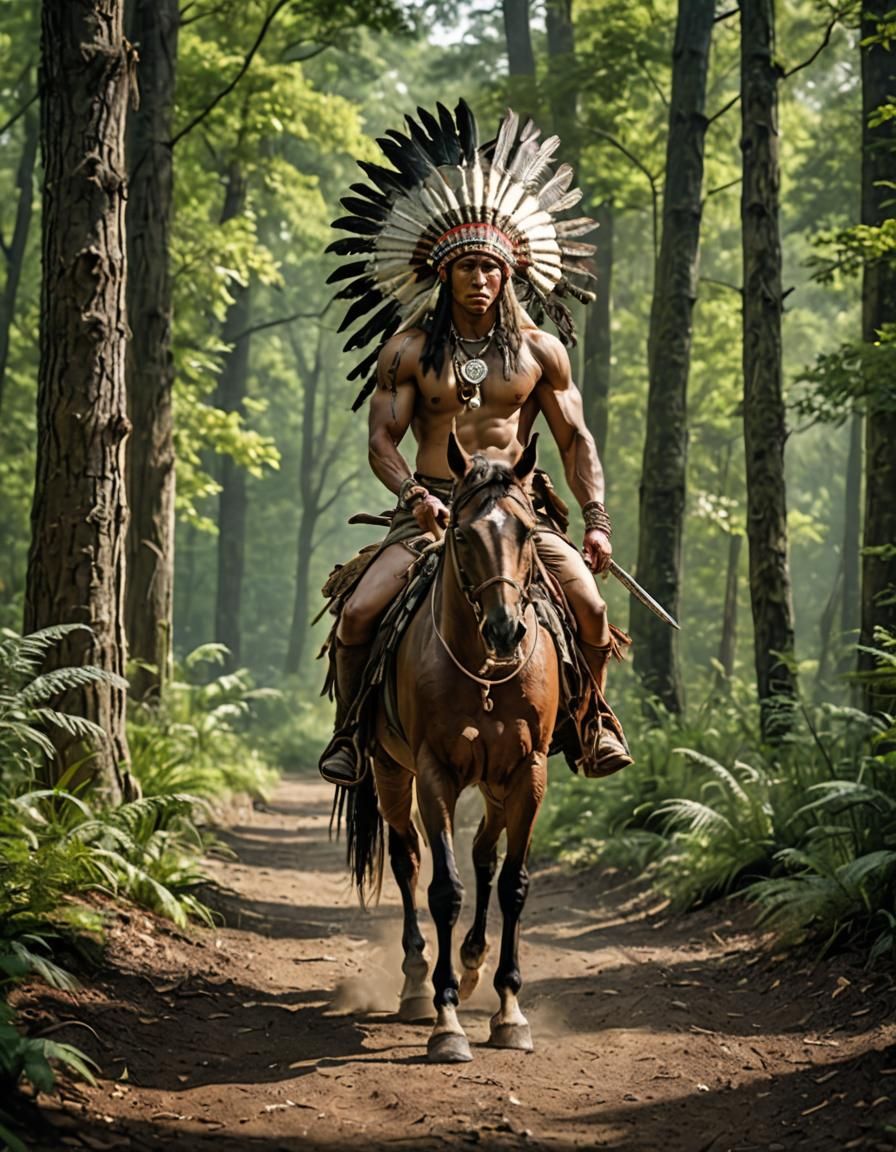 bare_chested_male_Indian_warrior_with_war_bonnet is_walking_on_a_path ...