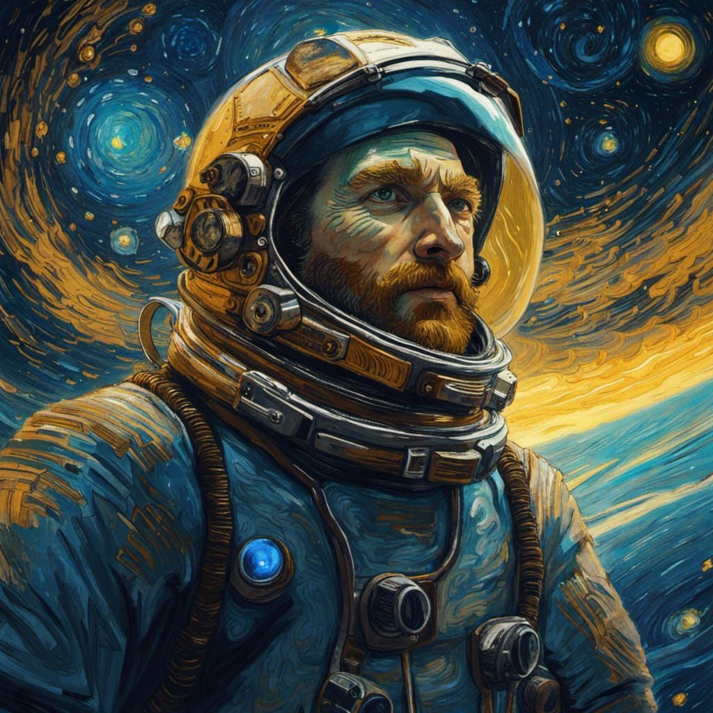 Vincent Van Gogh as an astronaut looking down on a starry night from above.   by @Arisiin