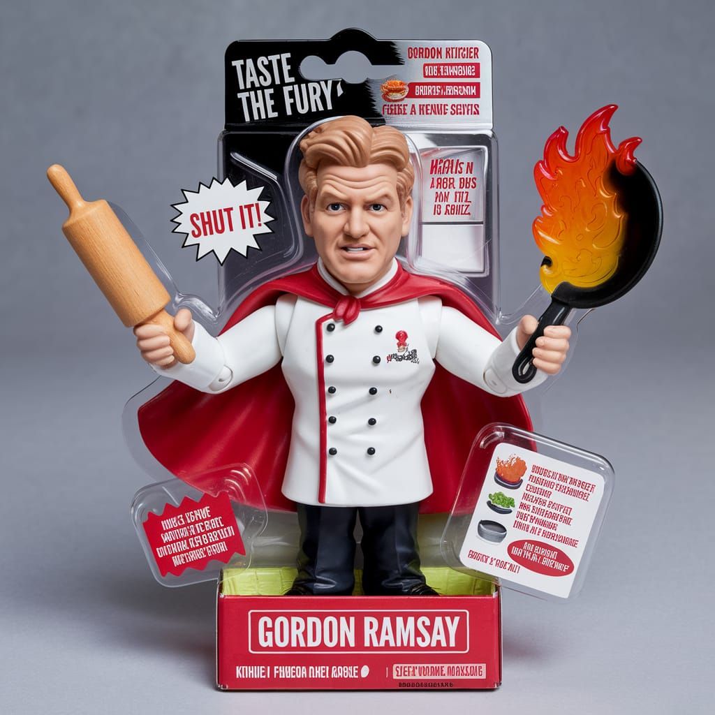 "Design a collectible """"""GORDON RAMSAY""""figure in a 'Kitchen Savior' superhero pose, bursting out ...  by @Gabbi