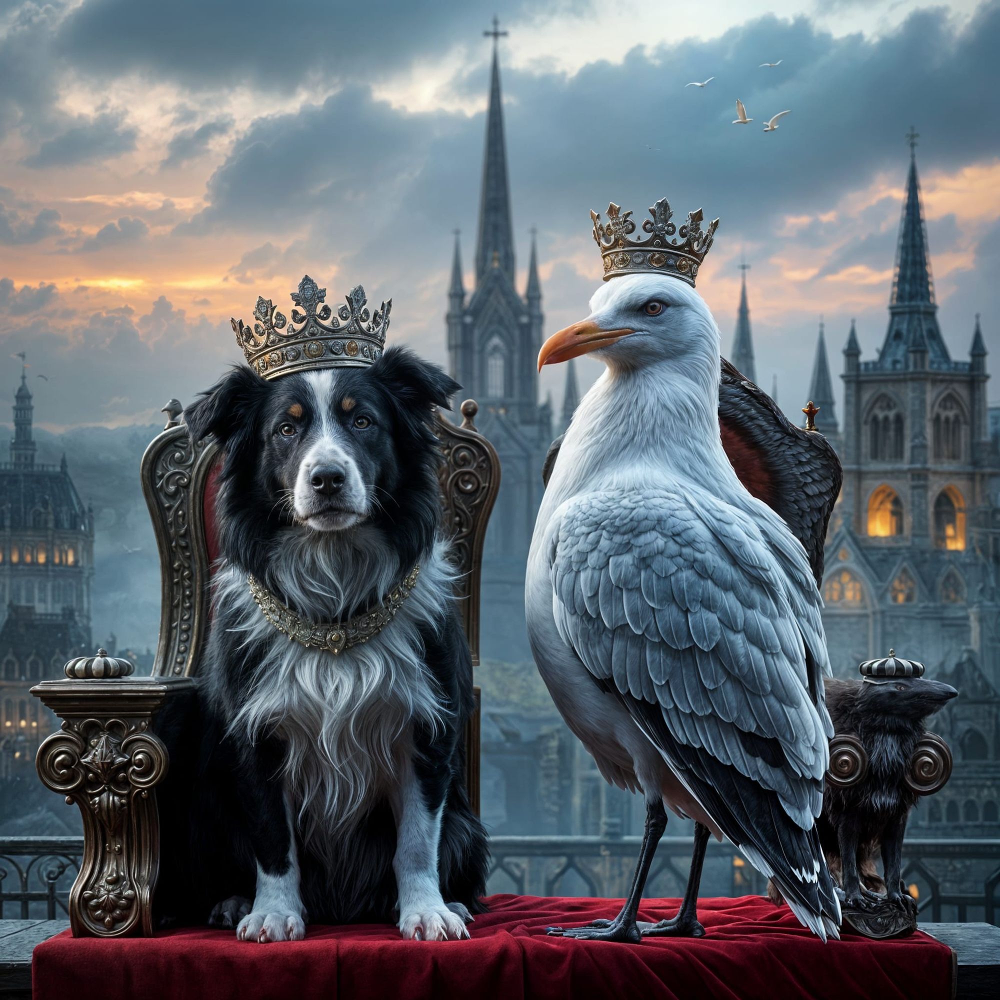 A black and white border collie dog and a large seagull become king and queen of england. They both wear crowns