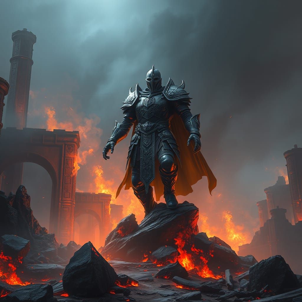 Warrior Rising from Ruins in a Fantasy Matte Painting