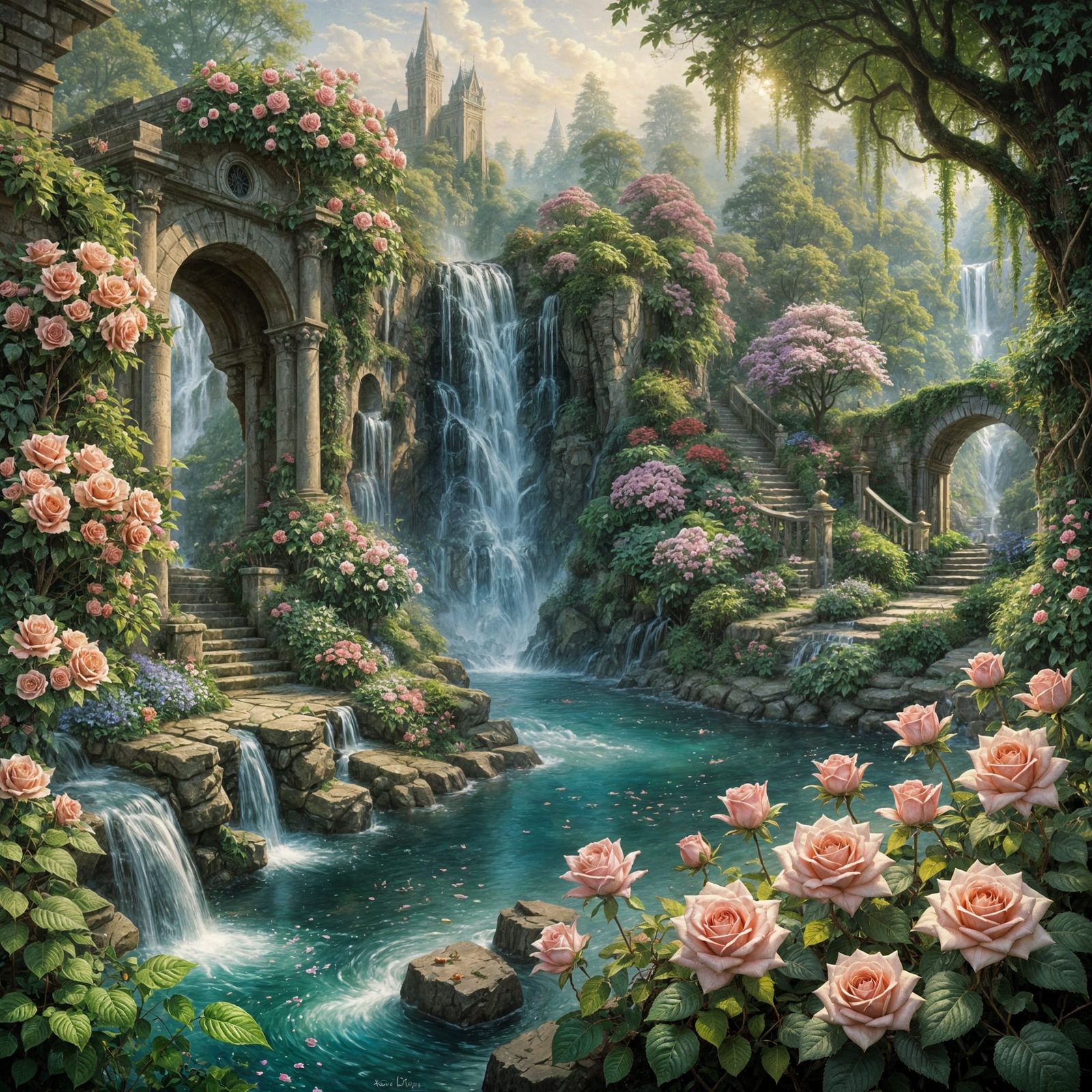 The secret garden of roses beside a hiden waterfall ethereal fantasy hyperdetailed mist Thomas Kinkade ...  by @Elvenangel