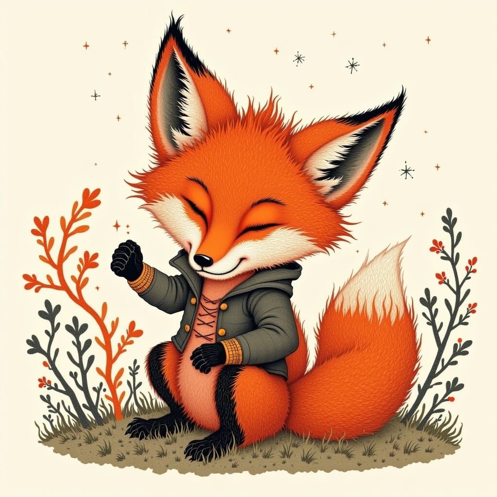 very happy boy playing with his fox, international orange <lora:Goddess:1.0> 