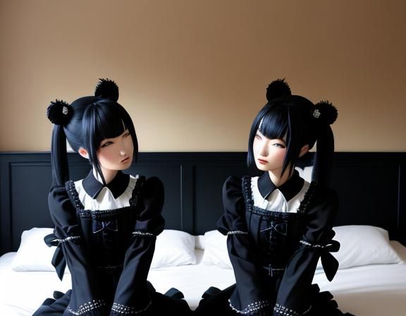 two identical twin gothic kitsunes, kissing and wearing iden...