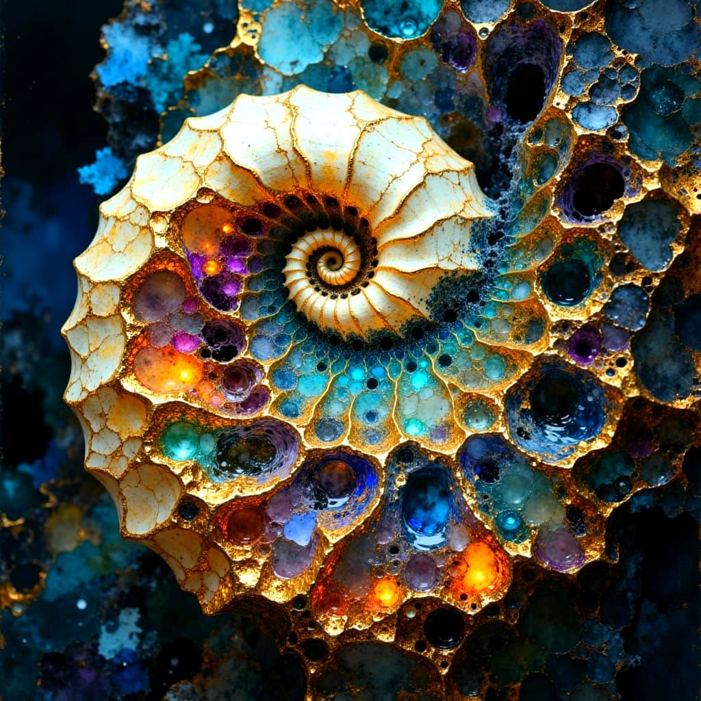 Bioluminescent Fish Swarm Inside Nautilus Shell