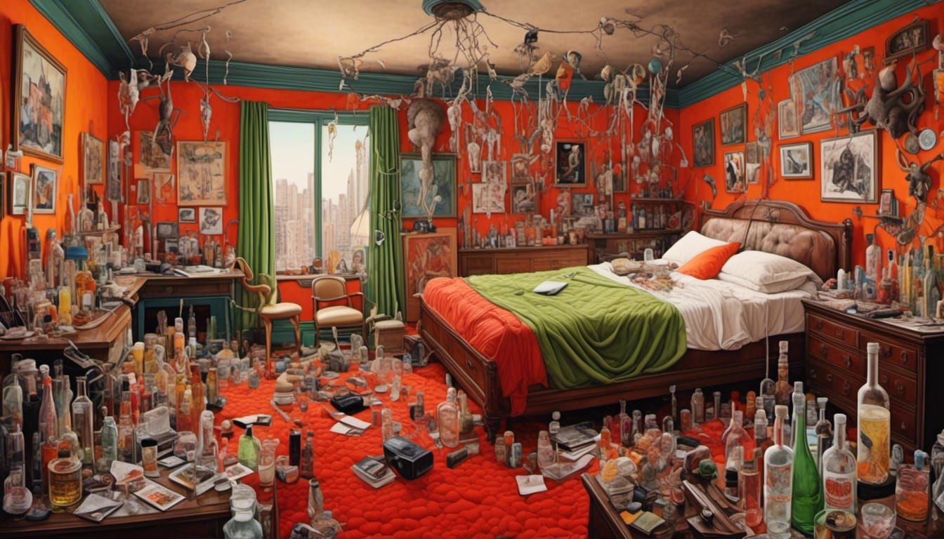 <lora:Cluttered Maximalism:1.0>Hunter Thompson gone mad:1.2>...