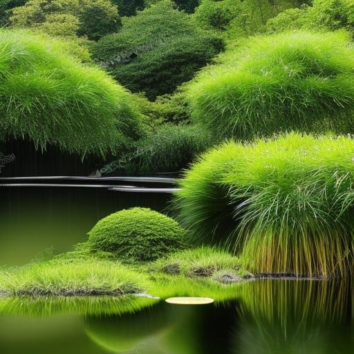 The pond in the rain, atmospheric scene,
glistening dewdrops...