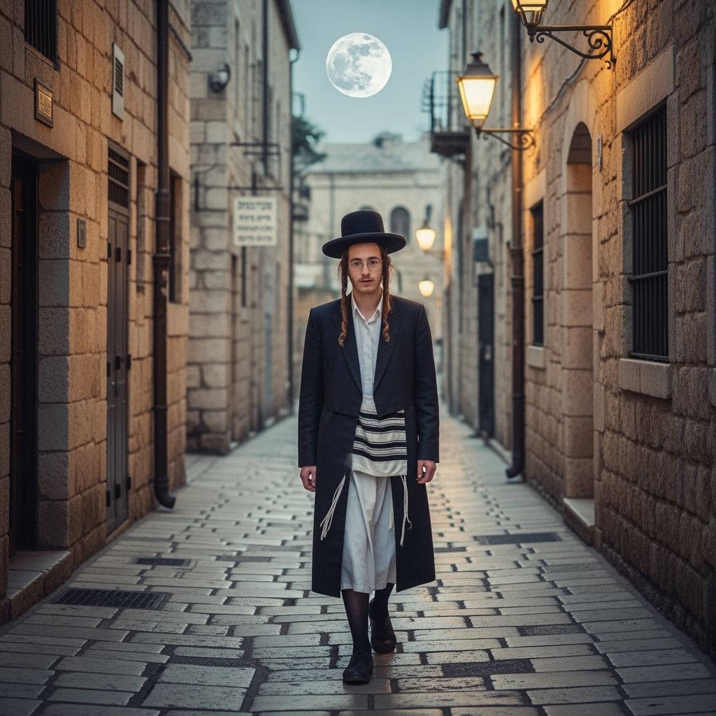 תעשה לי בחור חסידי מסתובב ברחוב  והוא מסתובב ברחוב עתיק ושקט סהרורי כאשר הפאות שלו יורדות בצידי פניו