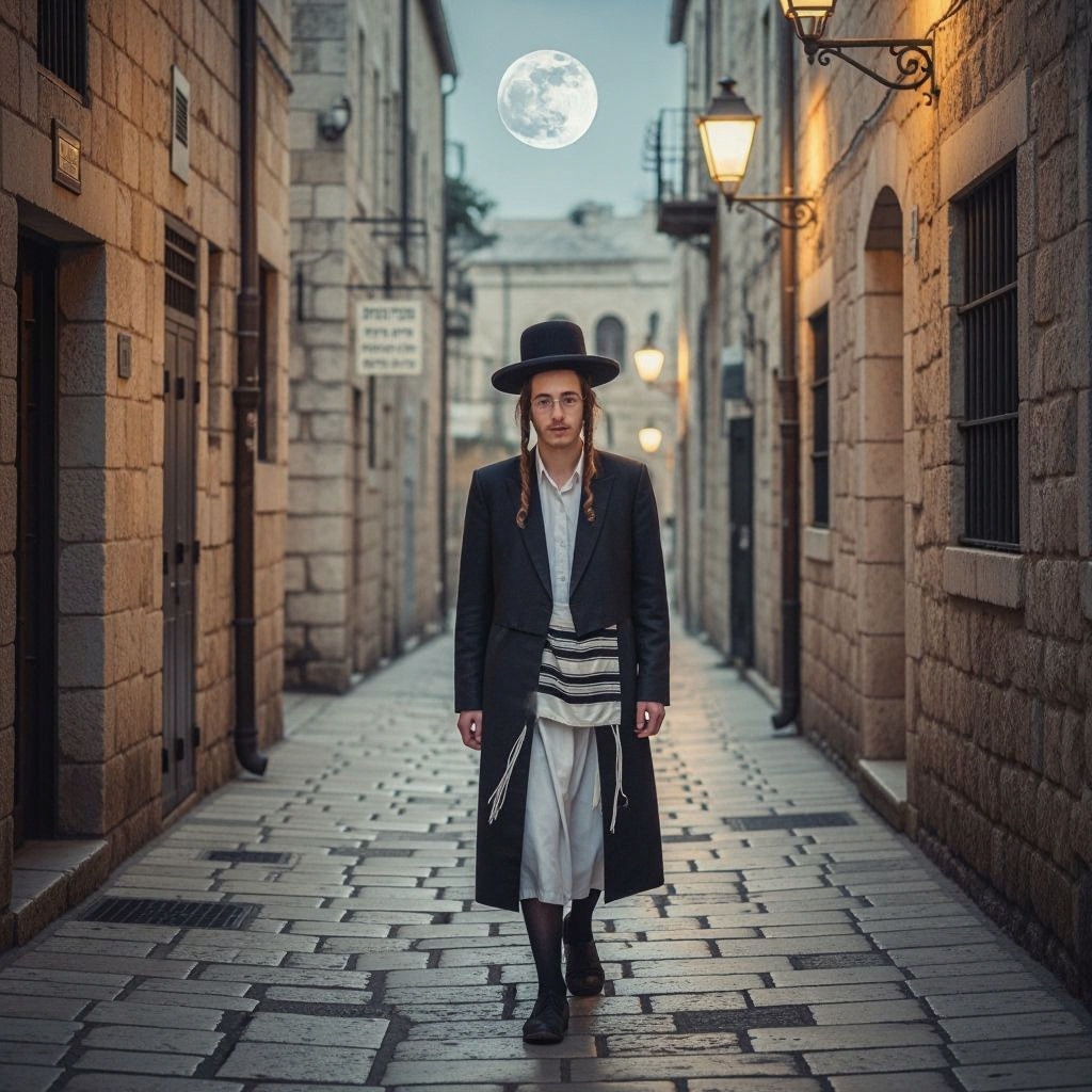 Hasidic Man Strolls on Moonlit Street