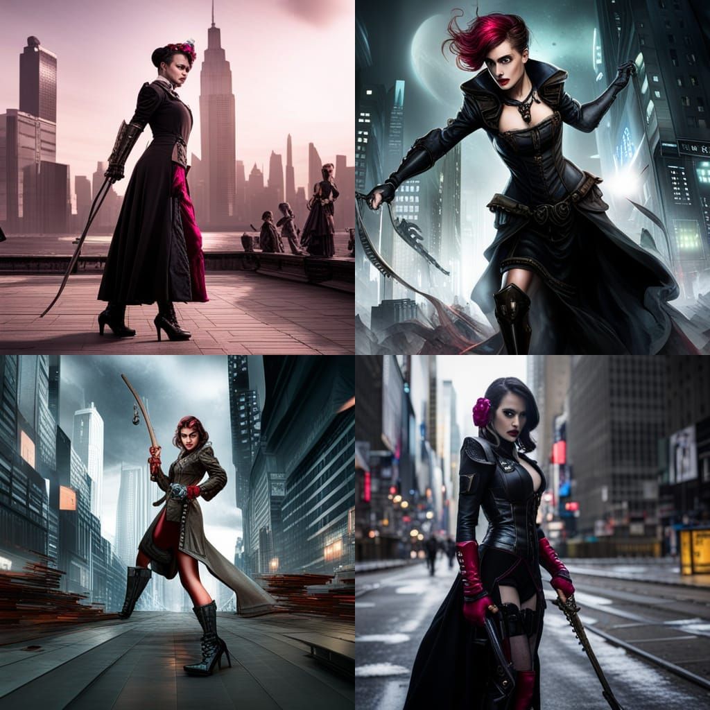 Female villain in Victorian dress taking down army in cyber ...