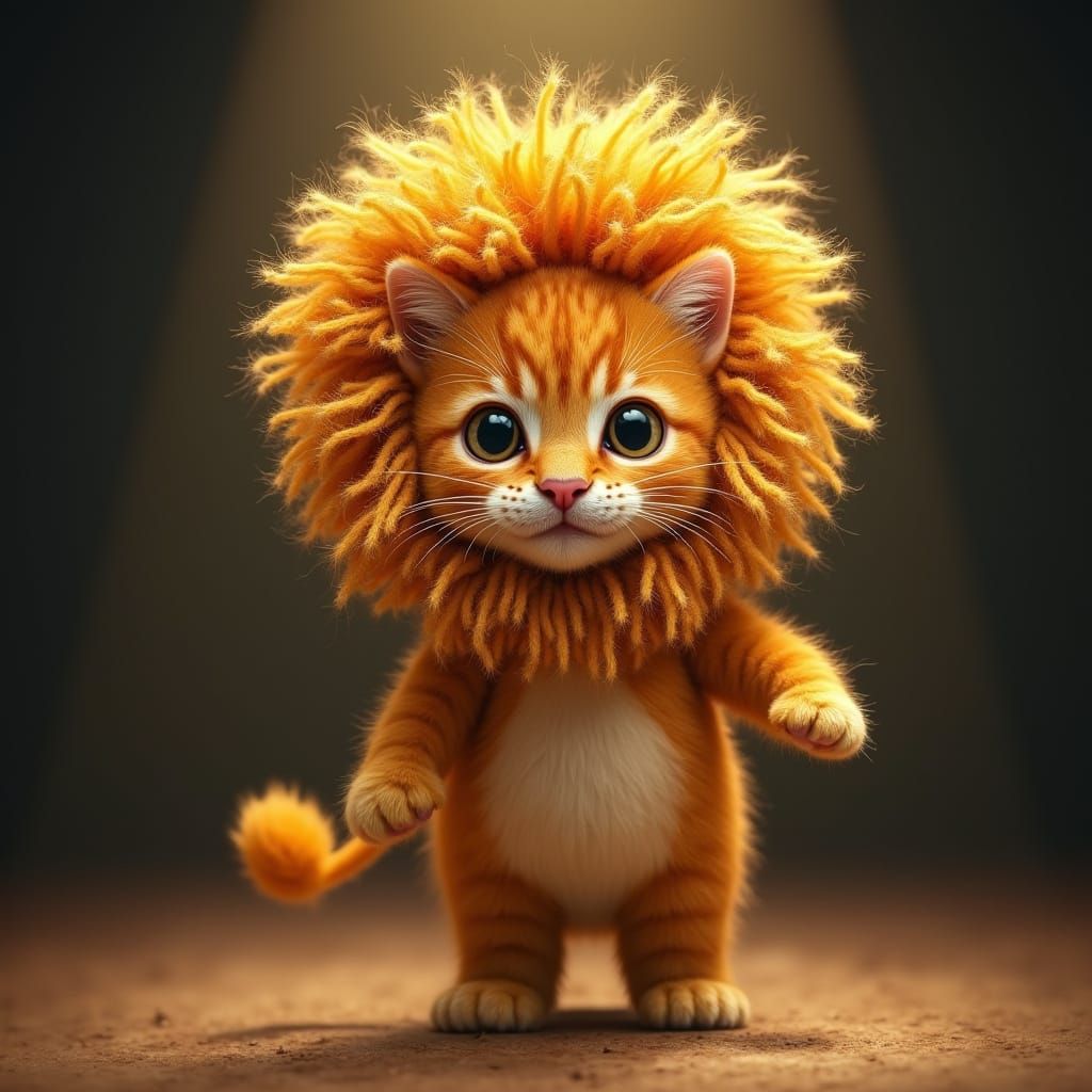 A small, fluffy kitten is meticulously disguised as a ferocious lion.