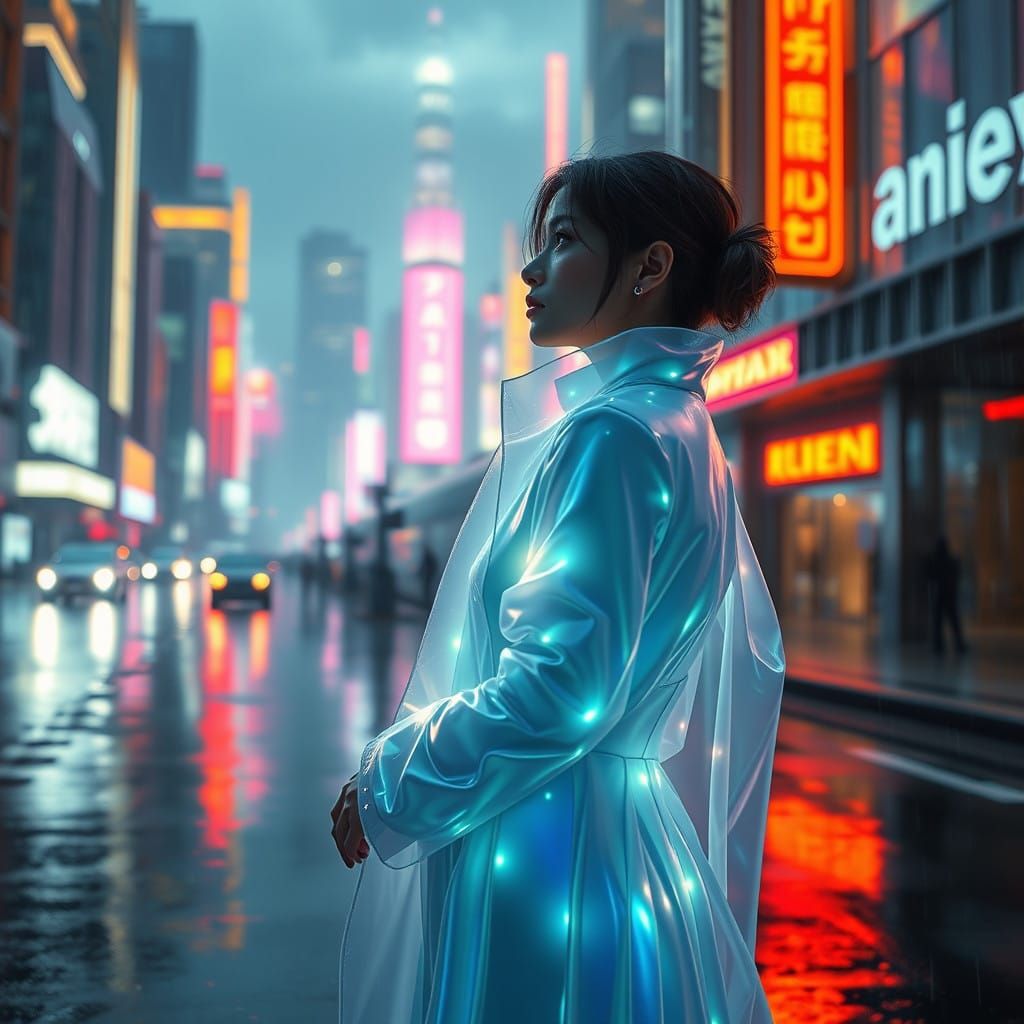 Ethereal Female Hologram in Futuristic Cityscape