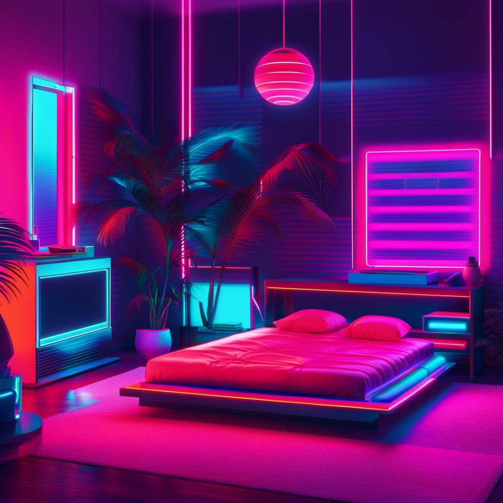 1980s Bedroom Glowing Neon Retro Vaporwave Synthwave Colorful - Ai 