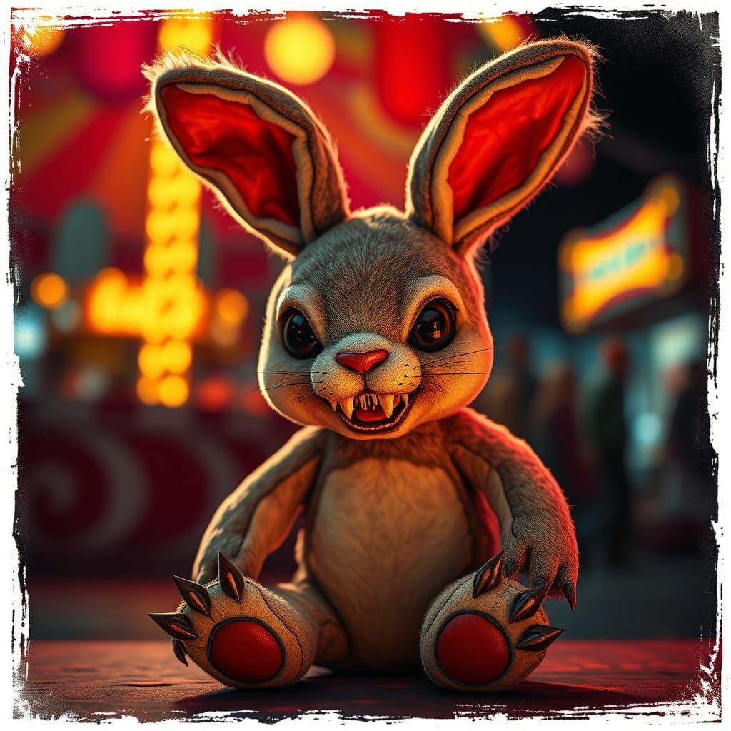 A once-cuddly bunny plush toy, now menacingly altered with sharp, needle-like stitches forming jagged ...  by @BEAST1966
