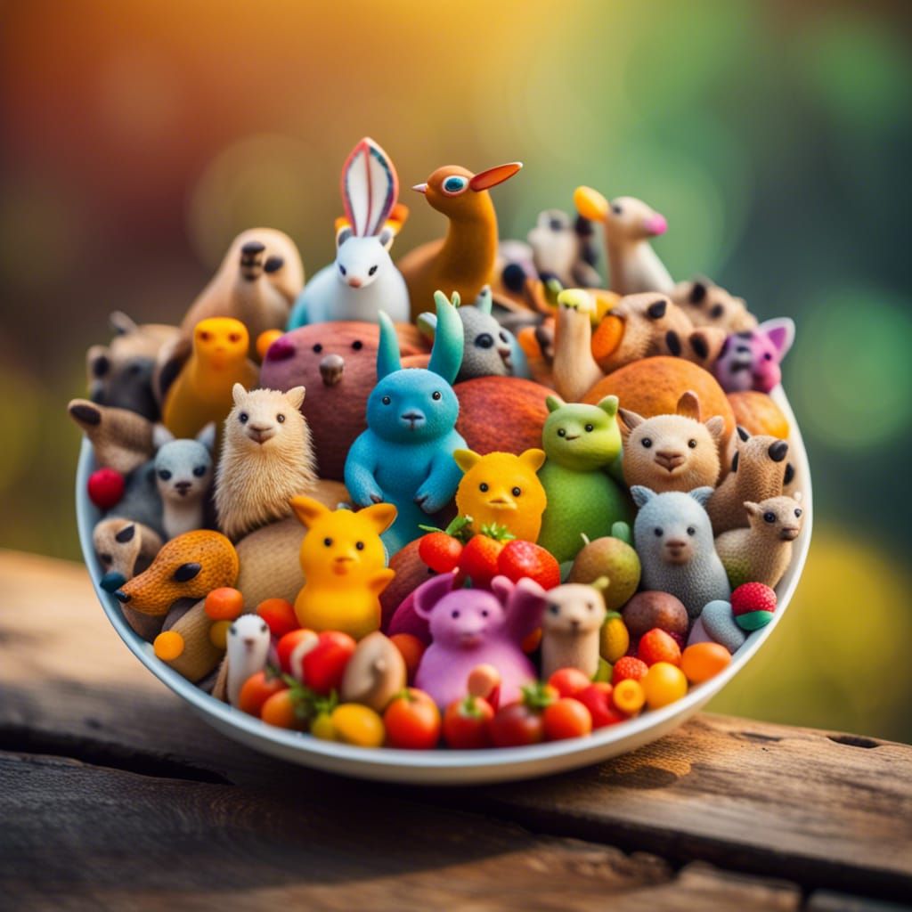 A big bowl full of colorfull frutish animals on top of the hill  by @Limestone