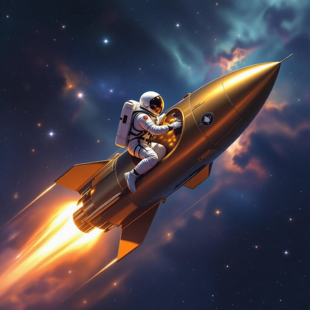 Heading for Betelgeuse and the Orion constellation at lightspeed in the new titanium gold  rocket.