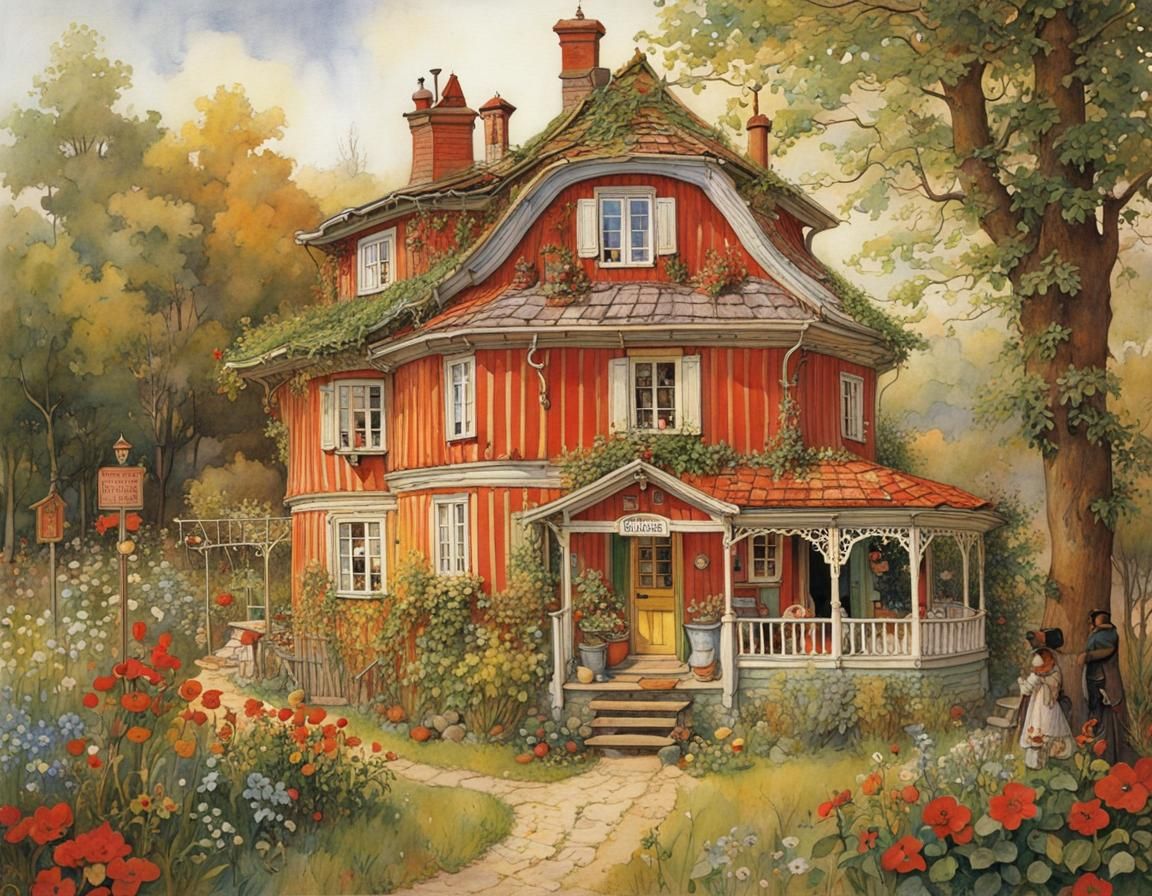 the crooked cozy house, by Carl Larsson and Lisi Martin, hyperdetailed, meticulous, intricate, entangled