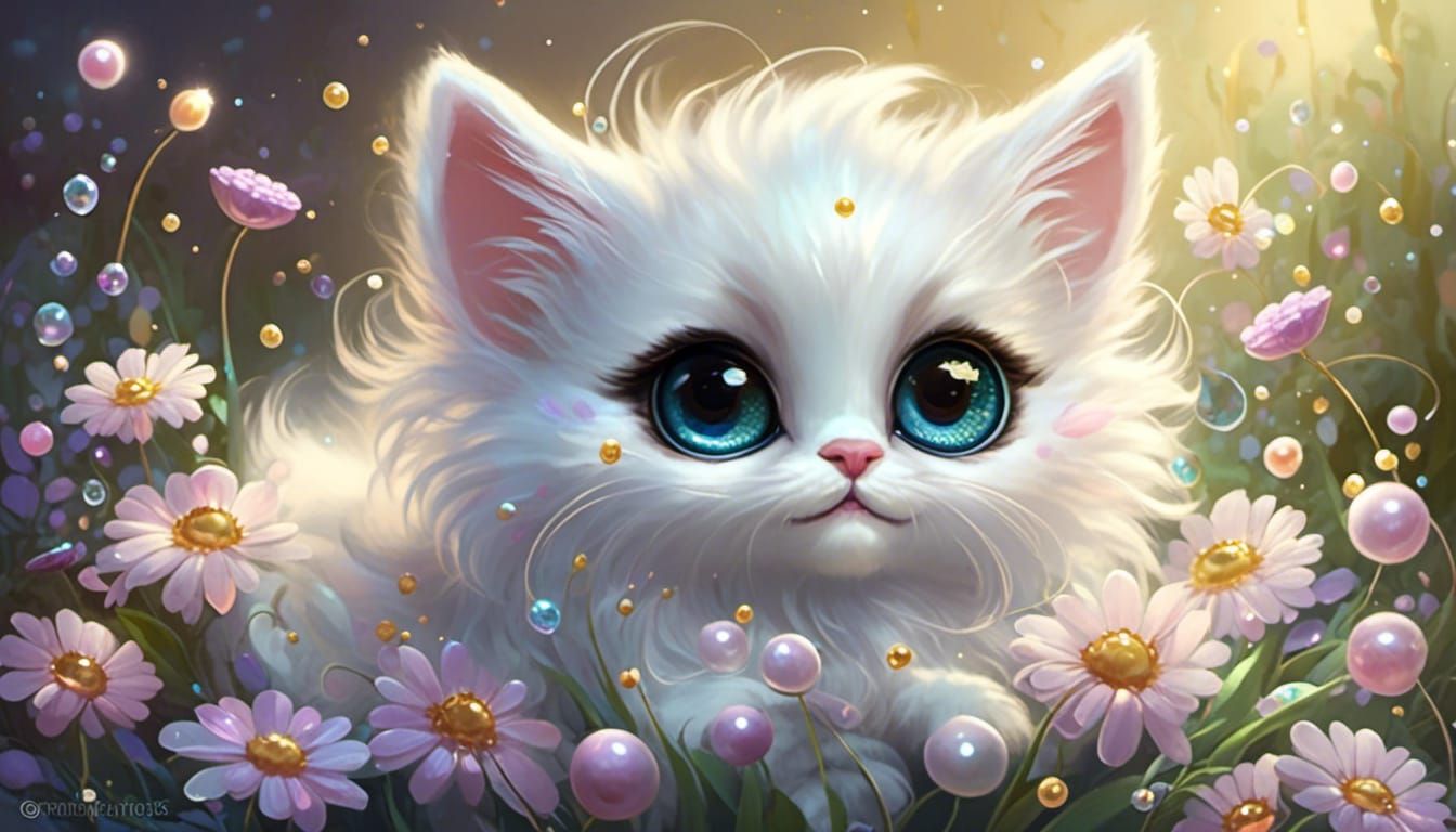 <lora:Pearls and nacre 2:1.0>  Cute fluffy Chibi kitten big ...