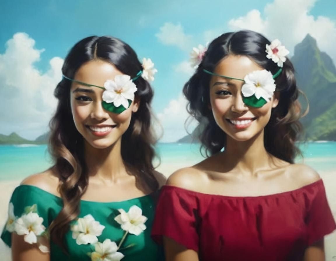 Duo portrait of Polynesian twin sisters both wearing an eyepatch with white flower on it 