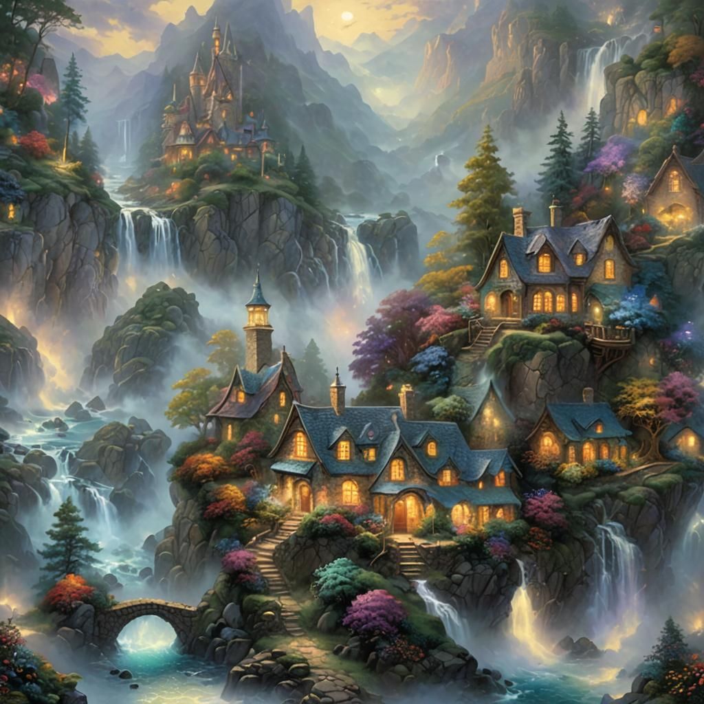 Ethereal Fantasy Castle in Thomas Kinkade Style