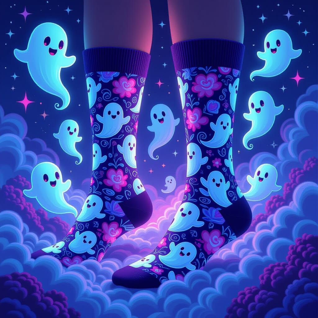repeating pattern of tiny fruit-shaped ghosts.
Abstract shapes and swirls in 80's neon textures.
A scene ...  by @Barabashka