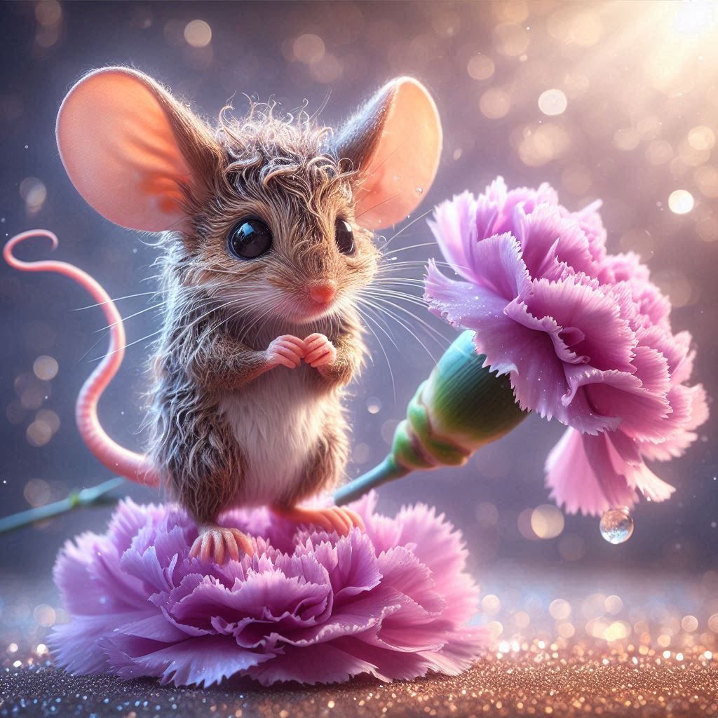 Cute Little Mouse on a lilac Carnation