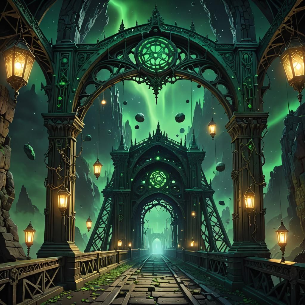 A gothic bridge suspended between two asteroids.