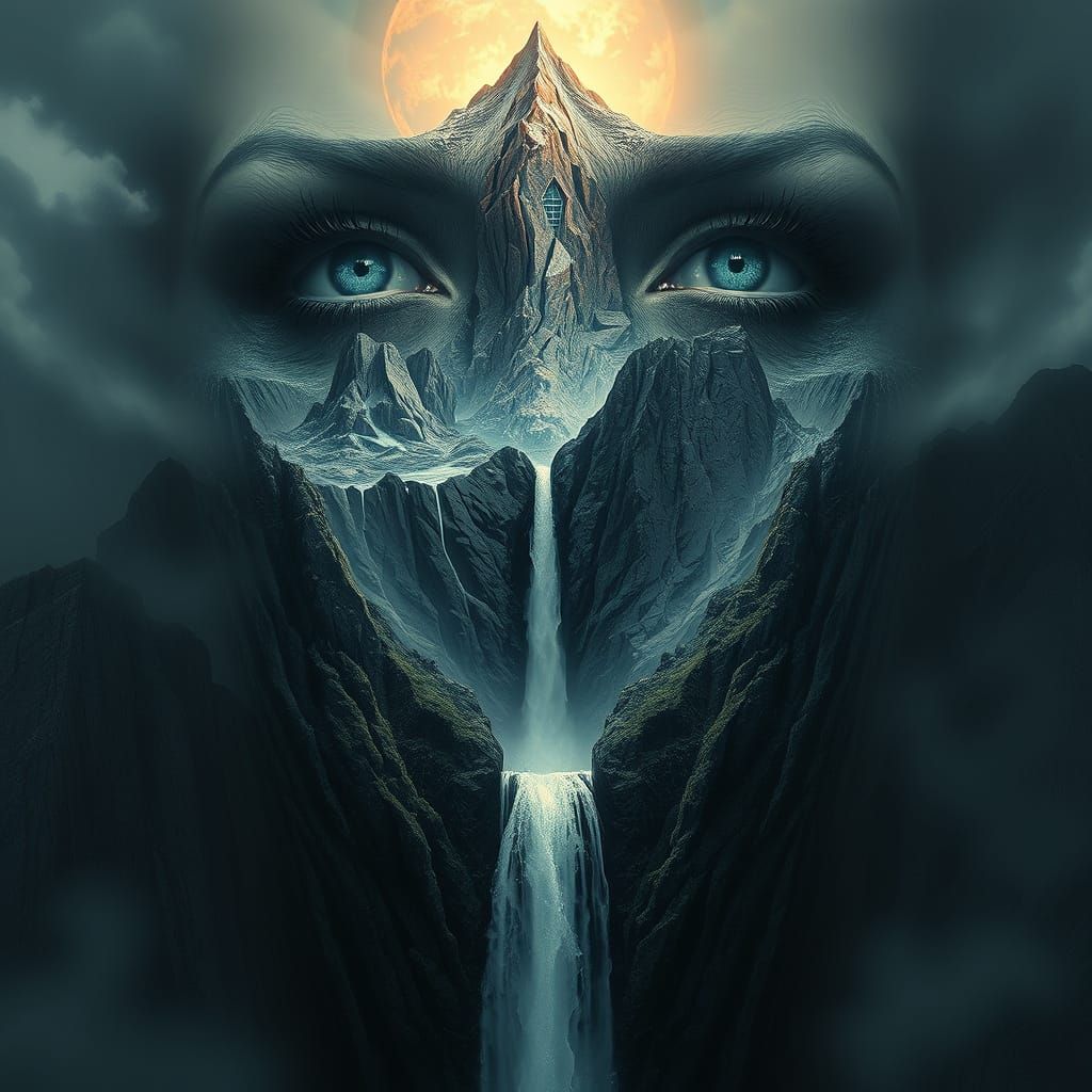 create a female face highly detailed merged with a giant mountain, waterfall cascading from the mouth, ...  by @Riot