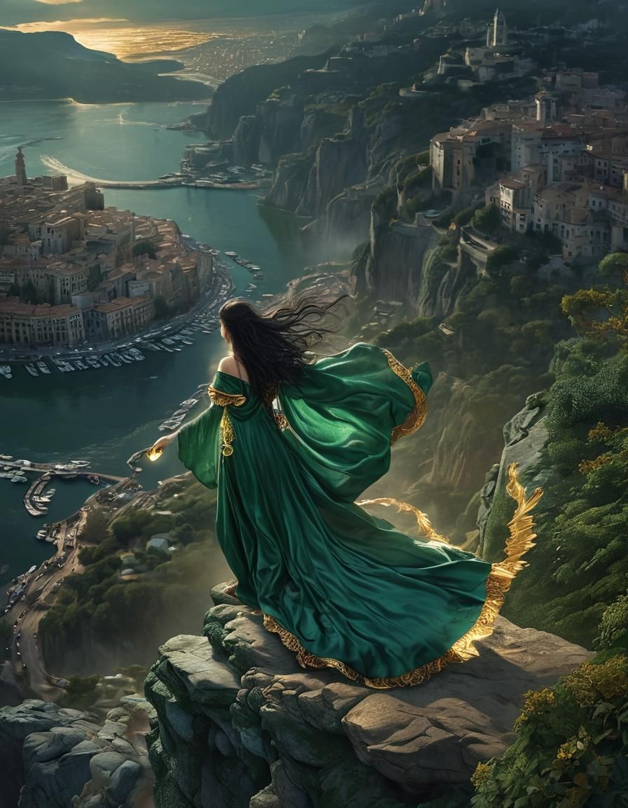 Hyper-realistic fantasy, from bird's eye view. A noble magic woman with long dark hair emerges from ethereal ...  by @LauraAIMagic